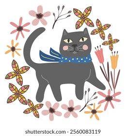 Cute Cat and Flower Graphic. Illustration, Vector, Poster, t shirt, Ceramic, Mug, Background or wallpaper.