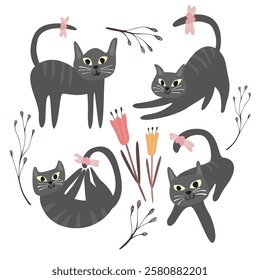 Cute Cat and Flower Graphic. Illustration, Vector, Poster, t shirt, Ceramic, Mug, Background or wallpaper.