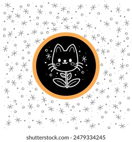 Ilustración linda de la flor del gato con las estrellas brillantes, garabato animal divertido dibujado en estilo de arte de la línea blanca, logotipo para diseños de producto juguetones e imaginativos.