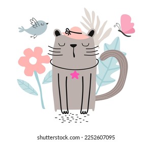 Cute Cat With flower. Lovely kitten isolated on white. 