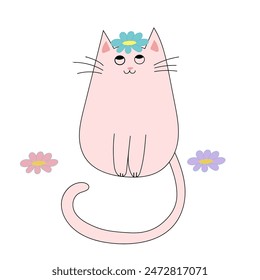 Cute cat with a flower on its head. Flat vector illustration. 