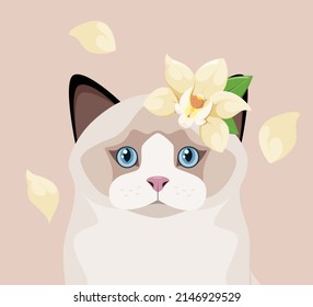 Un gato lindo con una flor en la cabeza. Diseño de caricaturas.
