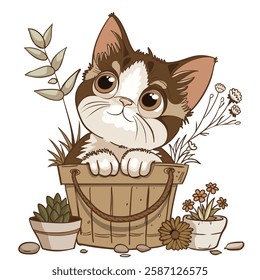 Cute cat in flower pot surrounded by plants and flowers, showcasing playful and charming expression. This delightful illustration captures essence of nature and companionship