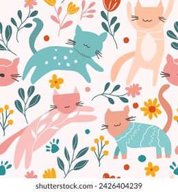 Cute Cat and Flower Seamless Pattern