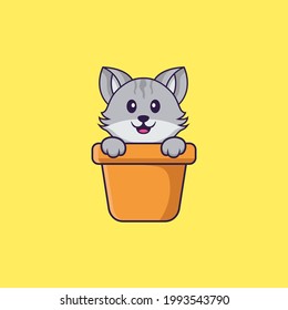 Cute cat in a flower vase. Animal cartoon concept isolated. Can used for t-shirt, greeting card, invitation card or mascot. Flat Cartoon Style