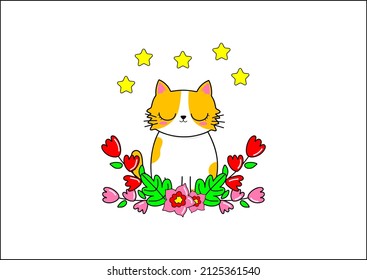 cute cat and flower vector illustation