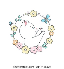 Cute Cat With Flower Wreath. Doodle Illustration Of Adorable White Kitten On A Background Of Floral Garland. Vector 10 EPS.