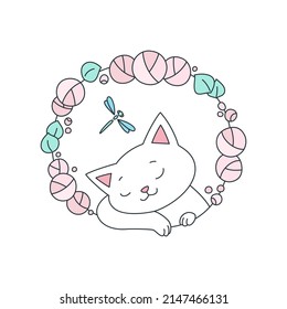 Cute Cat With Flower Wreath. Doodle Illustration Of Adorable White Kitten On A Background Of Rose Garland. Vector 10 EPS.