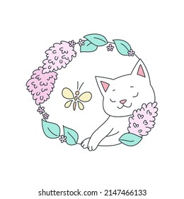 Cute Cat With Flower Wreath. Doodle Illustration Of Adorable White Kitten On A Background Of Lilac Garland. Vector 10 EPS.