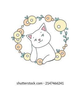 Cute Cat With Flower Wreath. Doodle Illustration Of Adorable White Kitten On A Background Of Floral Garland. Vector 10 EPS.