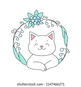 Cute Cat With Flower Wreath. Doodle Illustration Of Adorable White Kitten On A Background Of Lilies Garland. Vector 10 EPS.