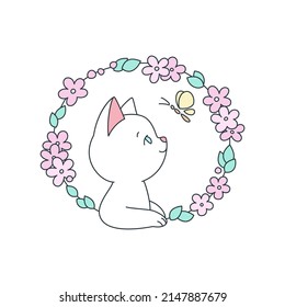 Cute Cat With Flower Wreath. Doodle Illustration Of Adorable White Kitten On A Background Of Floral Garland. Vector 10 EPS.