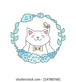 Cute Cat With Flower Wreath. Doodle Illustration Of Adorable White Kitten On A Background Of Hydrangea Garland. Vector 10 EPS.