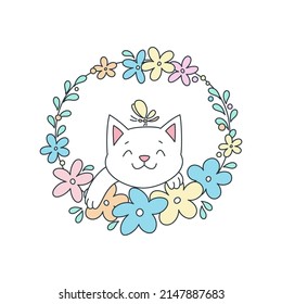 Cute Cat With Flower Wreath. Doodle Illustration Of Adorable White Kitten On A Background Of Floral Garland. Vector 10 EPS.