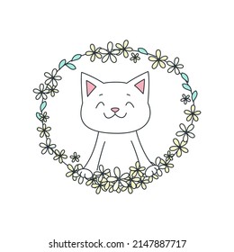 Cute Cat With Flower Wreath. Doodle Illustration Of Adorable White Kitten On A Background Of Floral Garland. Vector 10 EPS.