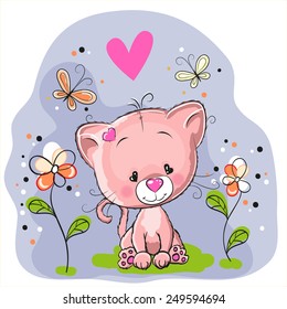 Cute Cat with flowers and butterflies on a blue background