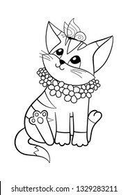 Cute Cat With Flowers And Butterfly Doodle Coloring Book Page