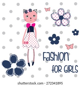 cute cat with flowers and butterfly, fashion for girls, T-shirt design vector illustration