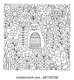 Cute cat in flowers. Hand drawn doodle card with kitten and floral ornament. Nice childish design. Coloring page for coloring book. Black and white. Vector outline illustration.