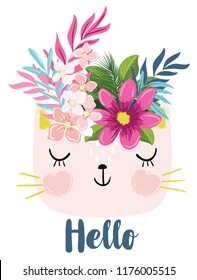 Cute cat with flowers illustration for fashion artworks, prints, t-shirt graphics, children books.