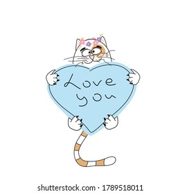 Cute cat with flowers on his head holds a large pink heart in his paws, hand drawn lettering - love you. Copy space. Doodle for children's textiles, t-shirts or postcards. Anniversary celebration.