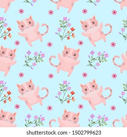 Cute cat with flowers seamless pattern. Cartoon vector for fabric textile wallpaper.