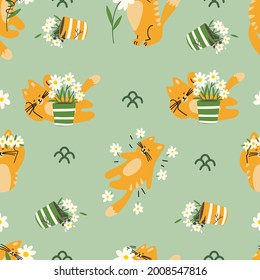 Cute cat and flowers seamless pattern. Perfect for children room, gift warp or any project.