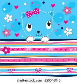 cute cat with flowers striped background vector illustration