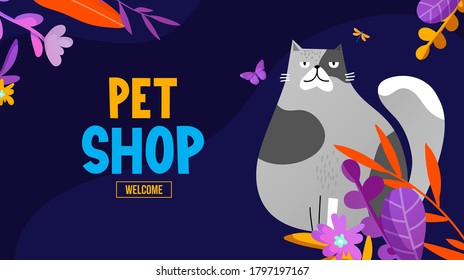 Un gato lindo con flores y etiqueta de texto. Plantilla de fondo del vector. Diseño de afiches publicitarios para tienda de mascotas, clínica u otra cosa.
