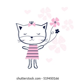 cute cat with flowers, T-shirt graphics for kids vector illustration