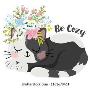 Cute cat with flowers vector illustration for fashion artworks, children books, t-shirt prints.