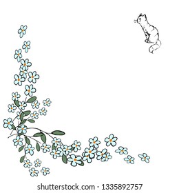 Cute cat and flowers. Vector illustration.