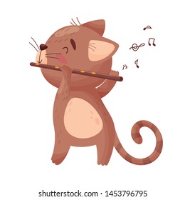 Cute cat with a flute. Vector illustration on white background.