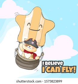 cute cat flying with air balloon cartoon illustration for kids. Cute cat fly with star balloon. Cute cat wearing pirate costume fly with the boat cartoon vector