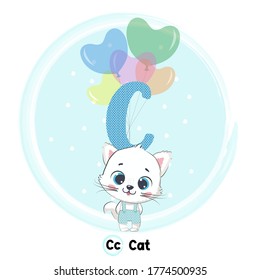 Cute cat flying with alphabet-a balloon. Art vector illustration. Cute Animal Alphabet Series A-Z. 