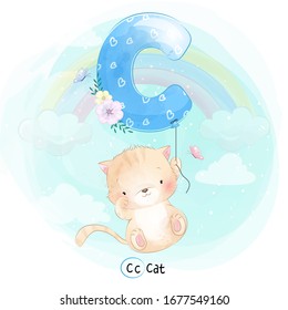 Cute Cat Flying With Alphabet-C Balloon