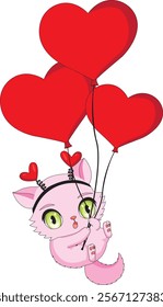 Cute Cat Flying With Balloon Valentine Illustrator