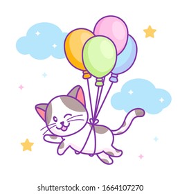 Cute cat flying with balloons, vector illustration