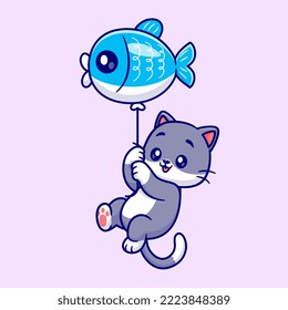 Cute Cat Flying With Fish Balloon Cartoon Vector Icon Illustration. Animal Nature Icon Concept Isolated Premium Vector. Flat Cartoon Style