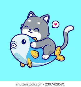 Cute Cat Flying With Fish Cartoon Vector Icon Illustration. Animal Nature Icon Concept Isolated Premium Vector. Flat Cartoon Style