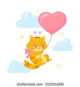 Cute cat flying with a heart shaped balloon in hand-drawn cartoon style. Funny character for greeting cards, Valentine's Day, baby shower, childrens T-shirts, posters, invite, stickers. Vector