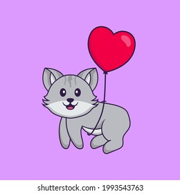 Cute cat flying with love shaped balloons. Animal cartoon concept isolated. Can used for t-shirt, greeting card, invitation card or mascot.