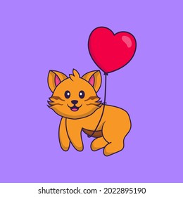Cute cat flying with love shaped balloons. Animal cartoon concept isolated. Can used for t-shirt, greeting card, invitation card or mascot.