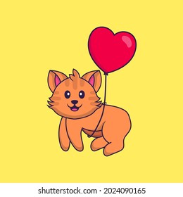 Cute cat flying with love shaped balloons. Animal cartoon concept isolated. Can used for t-shirt, greeting card, invitation card or mascot.