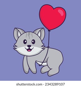 Cute cat flying with love shaped balloons. Animal cartoon concept isolated. Can used for t-shirt, greeting card, invitation card or mascot. Flat Cartoon Style