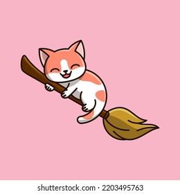 CUTE CAT FLYING WITH MAGIC Broom SUITABLE FOR MASCOT, LOGO, STICKER AND T-SHIRT DESIGN