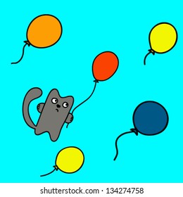 Cute cat flying on a balloon.Vector illstration.