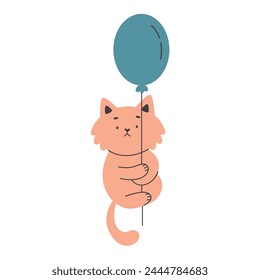 Lindo gato que vuela en un globo azul.Print.Simple ilustración de dibujos animados de Vector plano