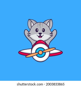Un gato lindo volando en un avión. El concepto de caricatura animal aislado. Puede usarse para camisetas, tarjetas de felicitación, tarjetas de invitación o mascota.