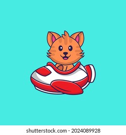 Cute cat flying on a plane. Animal cartoon concept isolated. Can used for t-shirt, greeting card, invitation card or mascot.
